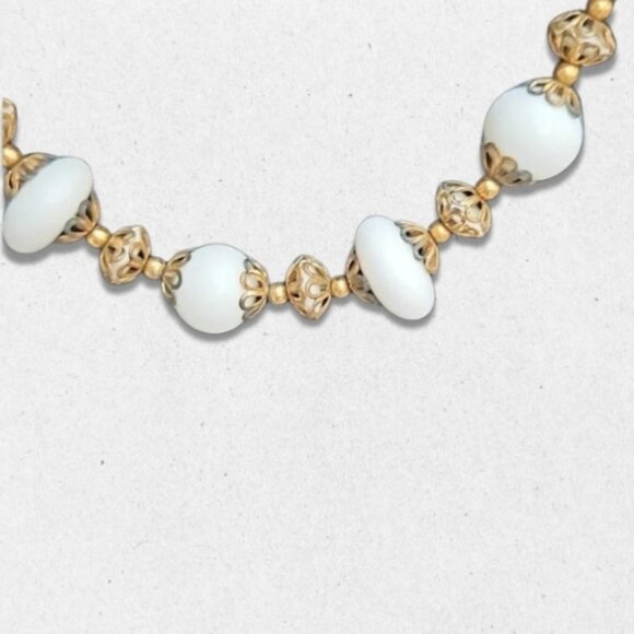 Vintage-Inspired Necklace Milk Glass Ornate Spacer Beads Gold Toned White W OS - Picture 2 of 5
